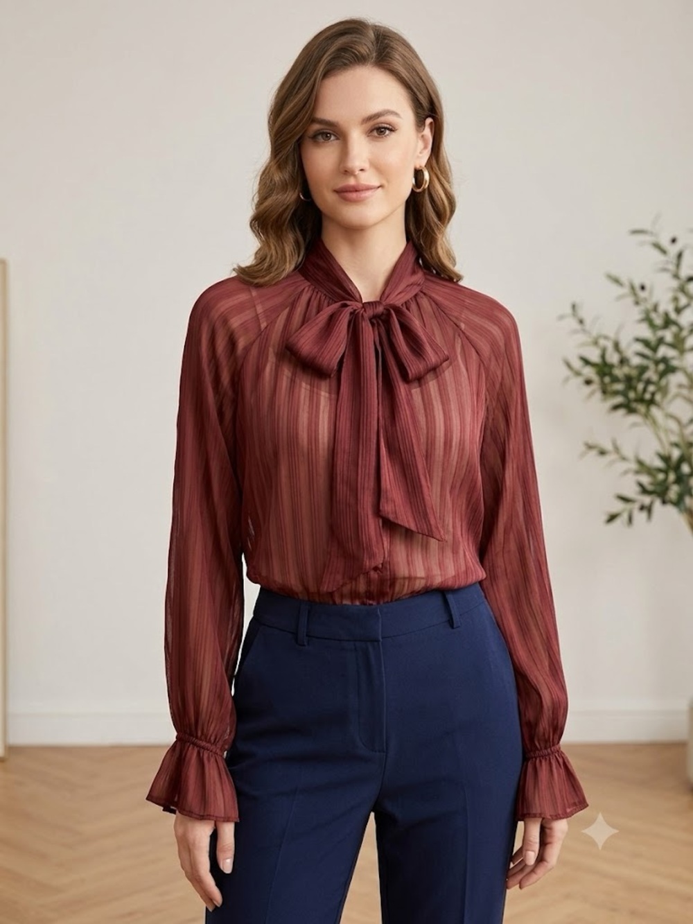 Zara Burgundy Sheer Bow-Tie Blouse